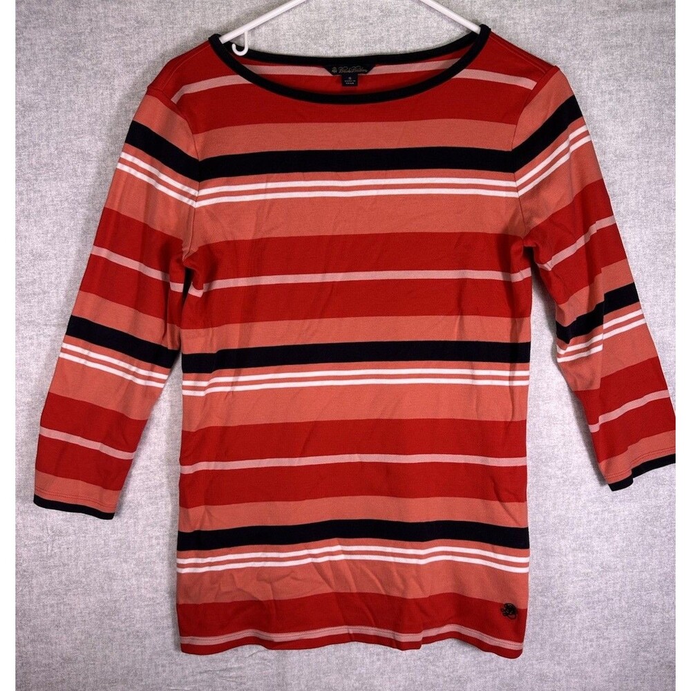 Brooks Brothers Womens Small Red Striped Knit Top Boat Neck 3/4 Sleeves EUC